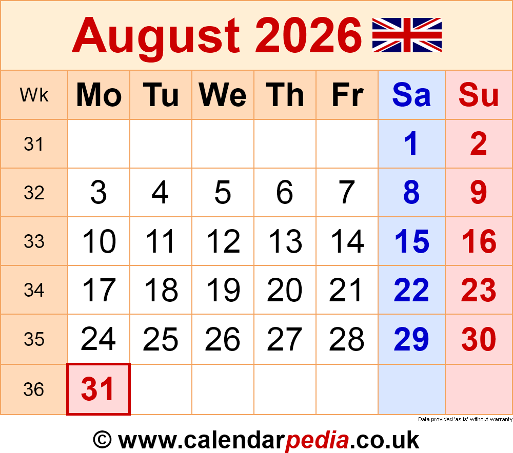 Calendar August 2026 UK With PDF Excel And Word Templates