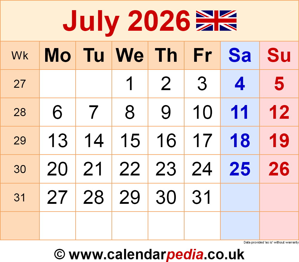 July Printable Calendar 2026