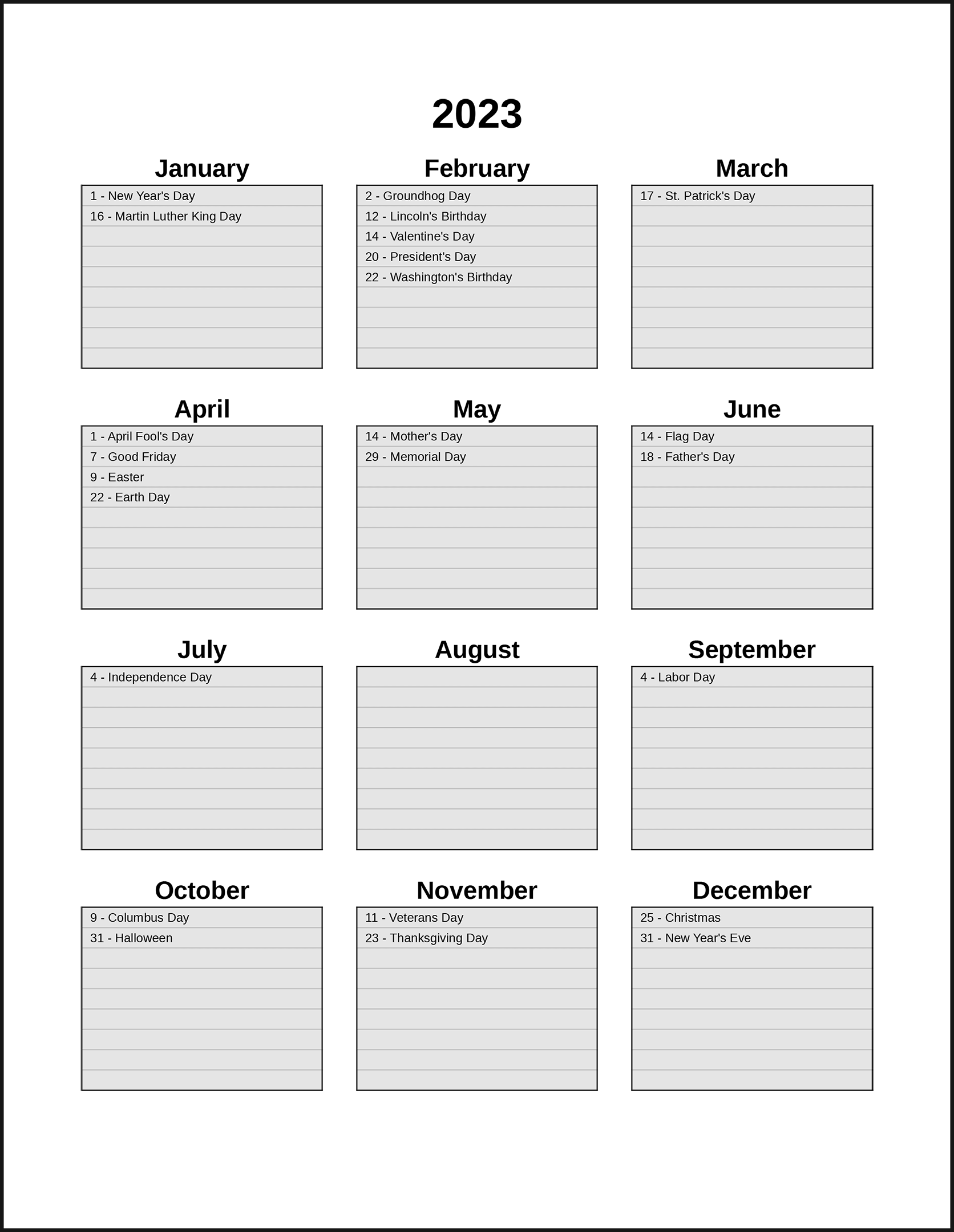 Printable Yearly Blank Calendar