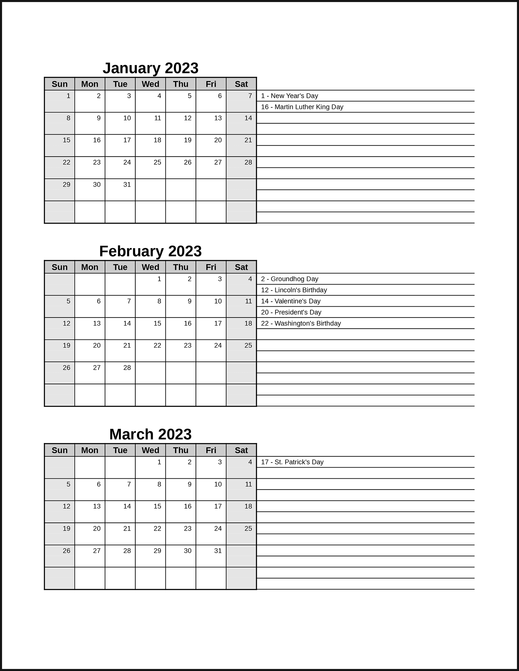 CalendarsThatWork Room For Notes
