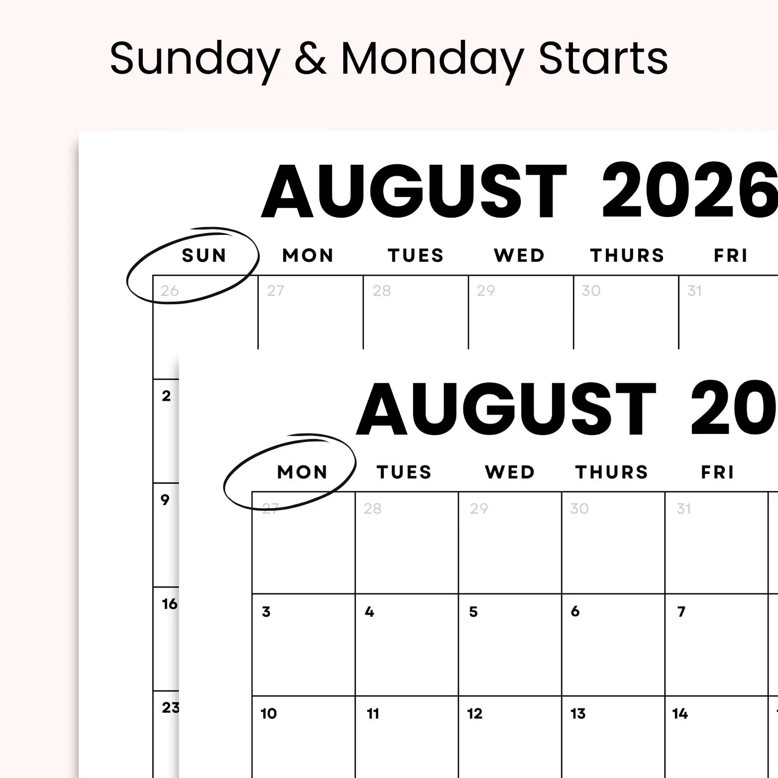 Dated August 2026 Minimalist Monthly Calendar Printable PDF Instant Digital Download Dated Monthly Planner 2026 Sunday Monday Start Etsy