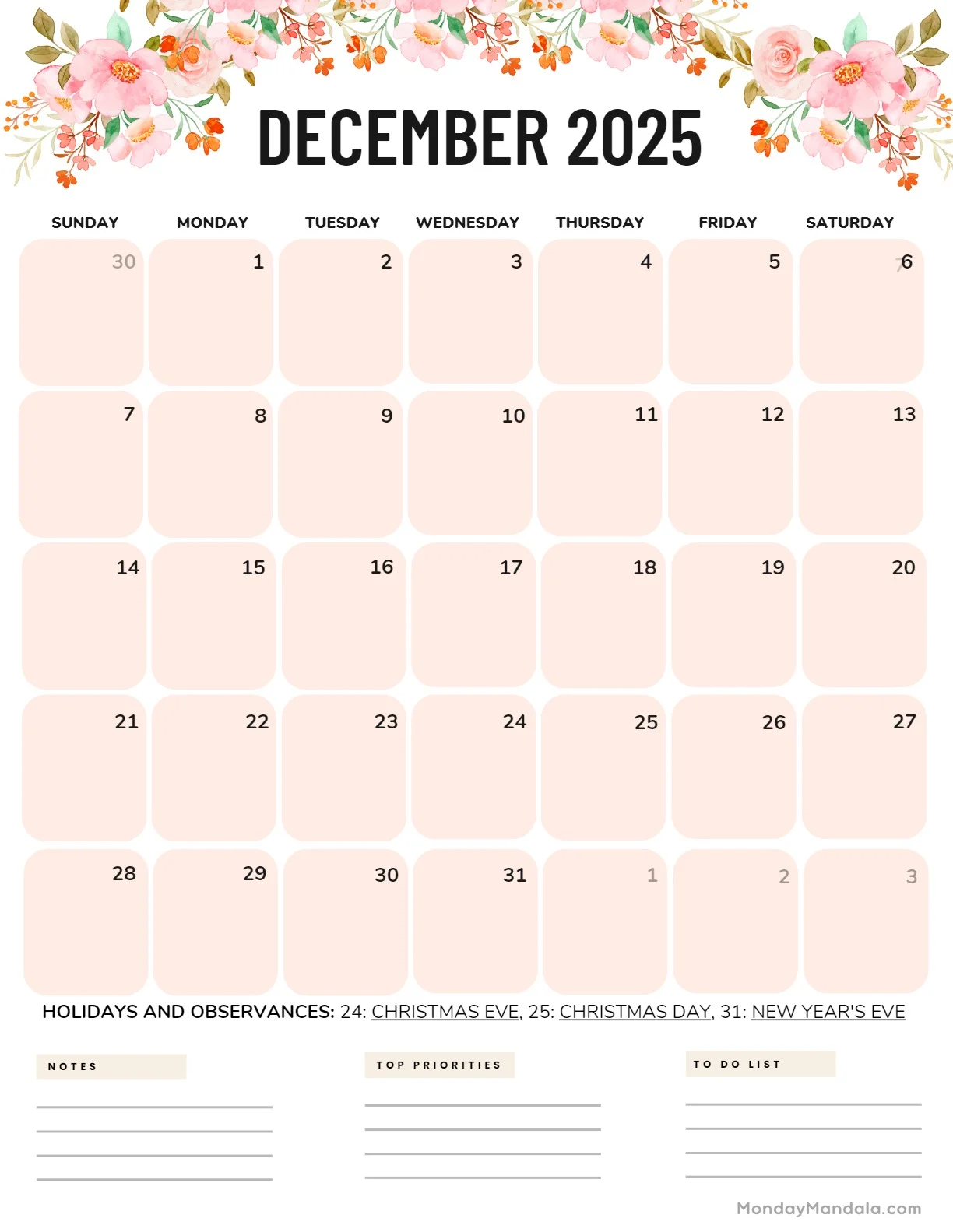 Free Printable Cute December 2025 Calendars
