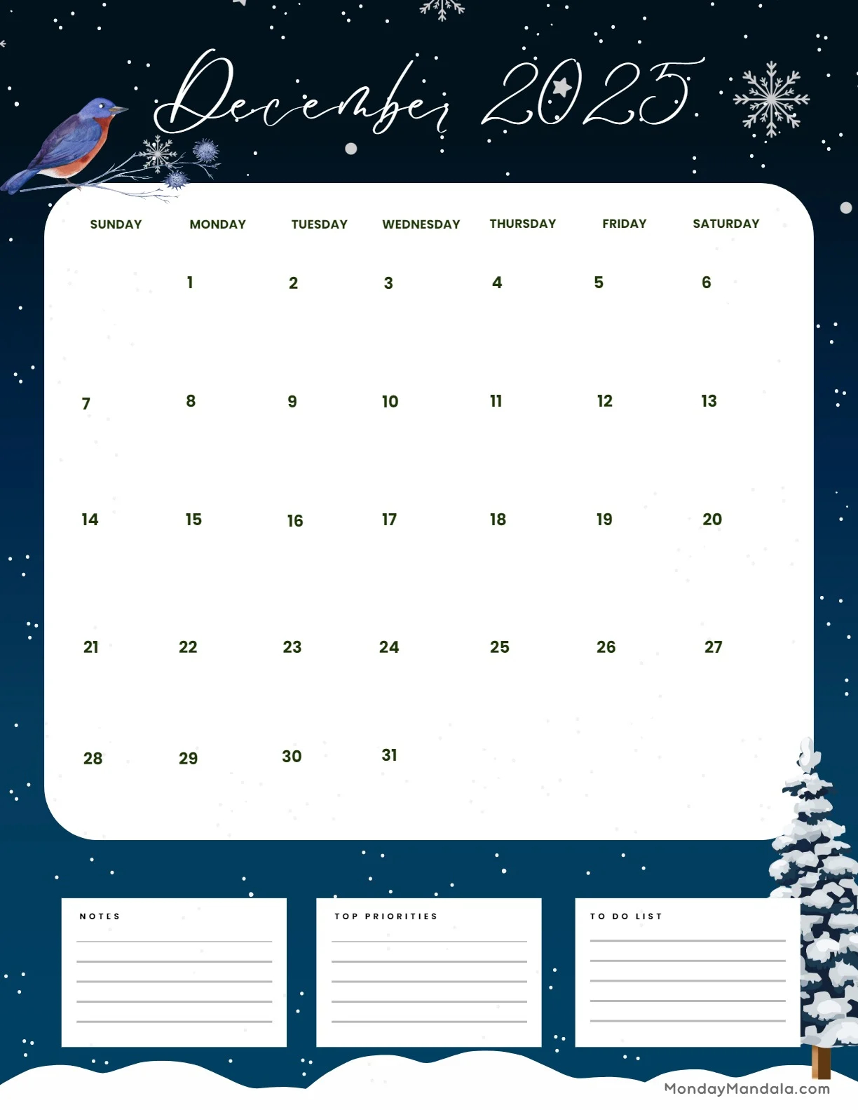 December 2025 Calendar Printable Christmas