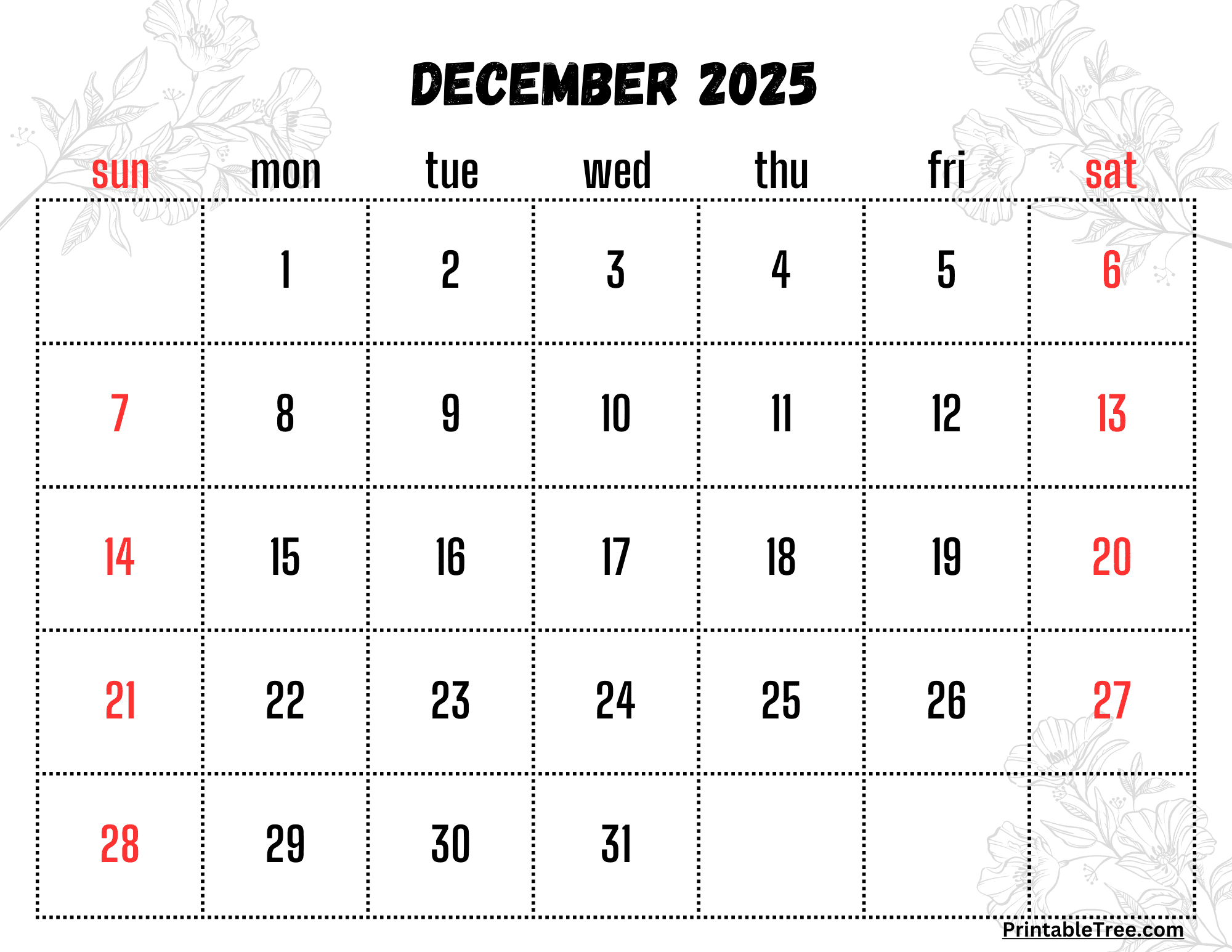 2025 Dec Calendar Printable
