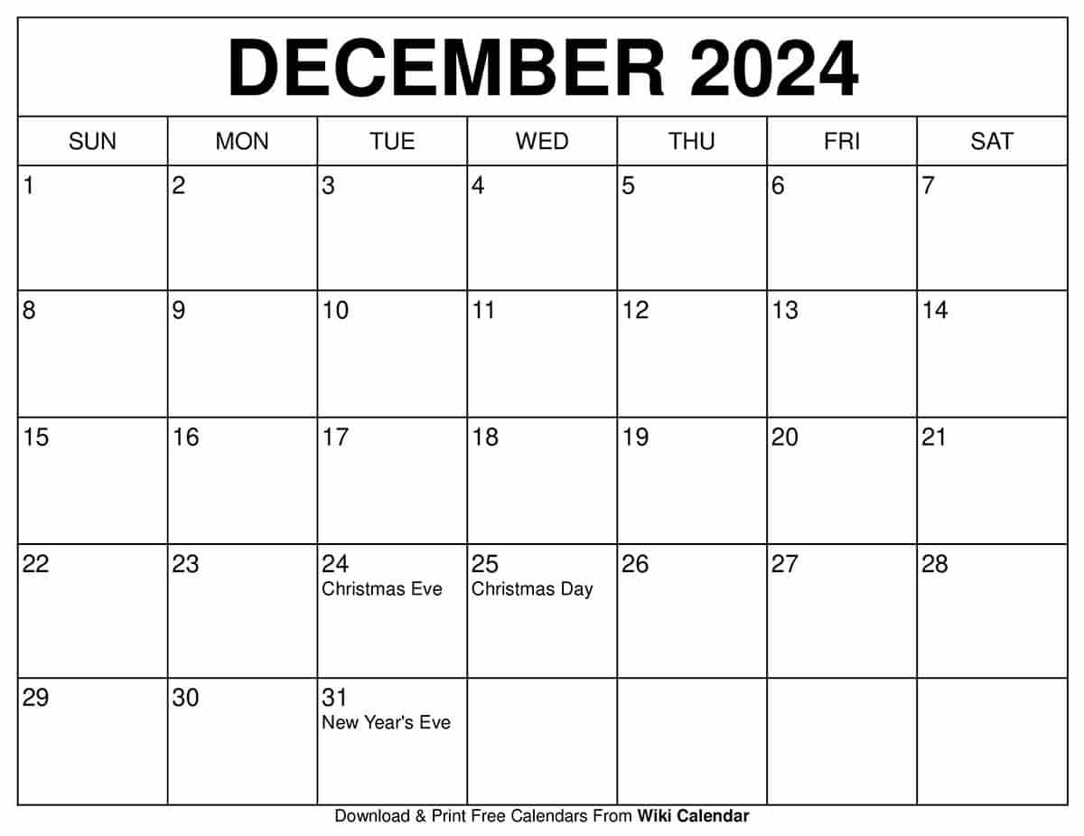 December Calendar Printable Large Write