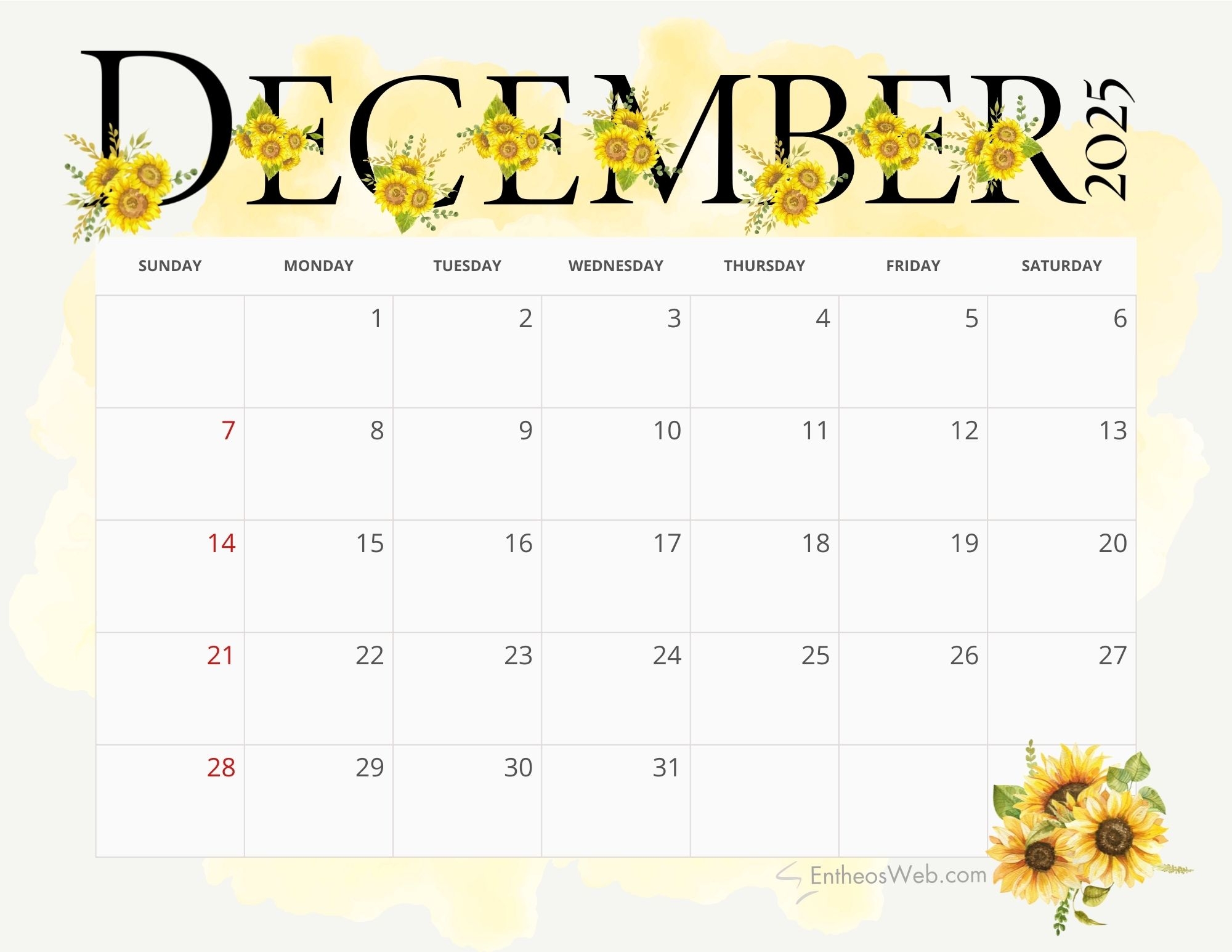 Cute 2025 December Printable Calendar