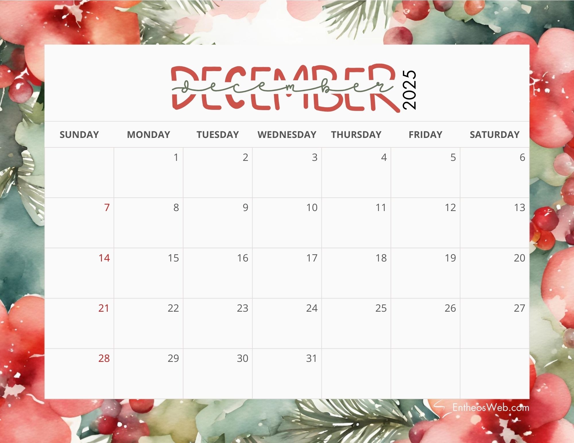 December 2025 Calendar Printables EntheosWeb December 2025 Calendar Printables EntheosWeb