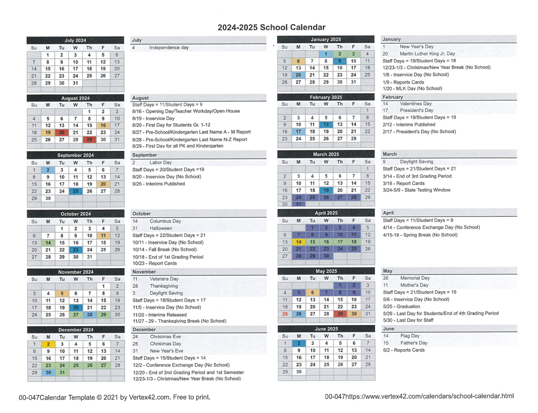 Free Printable School Calendar 25-26
