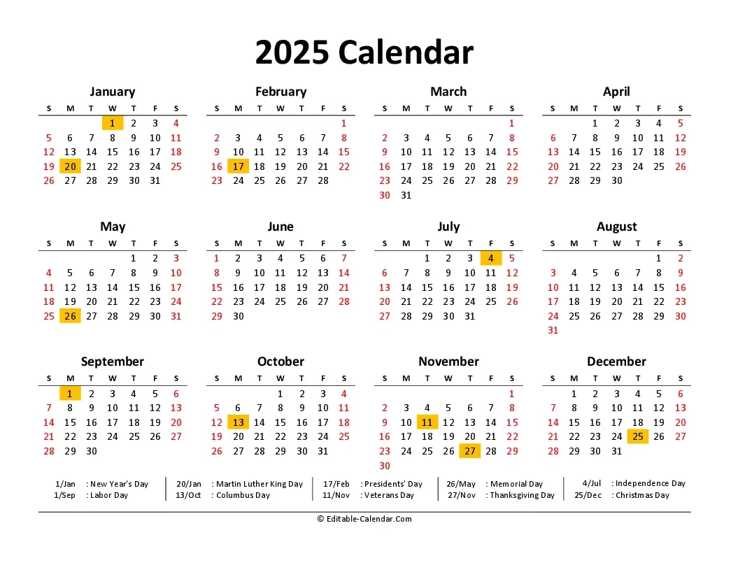 Printable Us 2025 Calendar