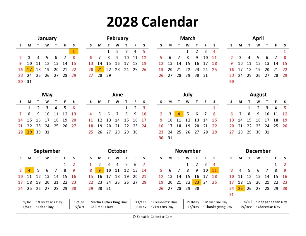 Download Free Printable Calendar 2028 With Us Holidays Weeks Start On Sunday