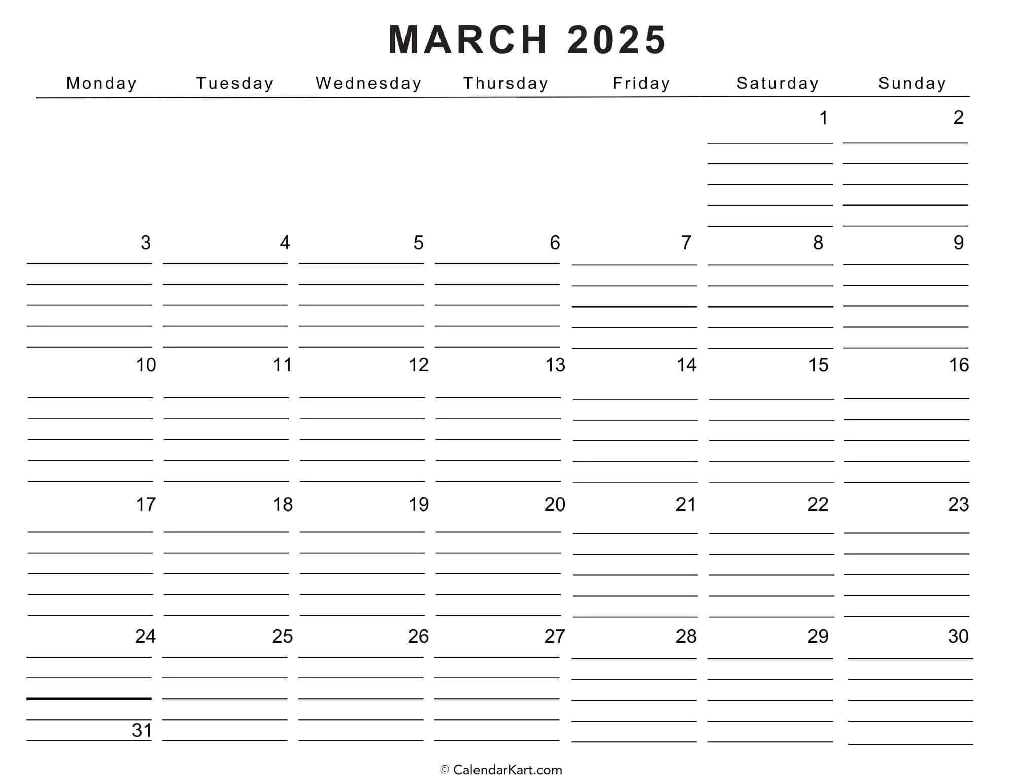 Download Free Printable March 2025 Calendar Calendarkart