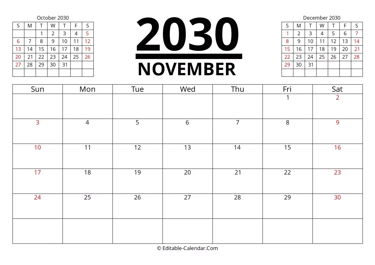 Download November 2030 Printable Calendar With Previous And Next Month Weeks Start On Sunday