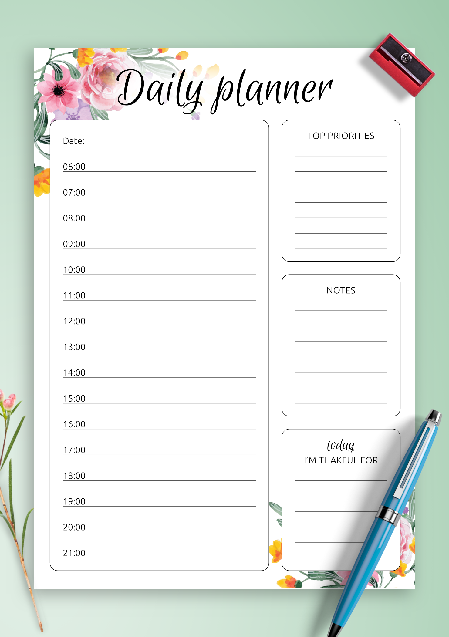 download printable daily hourly planner with flowers pdf