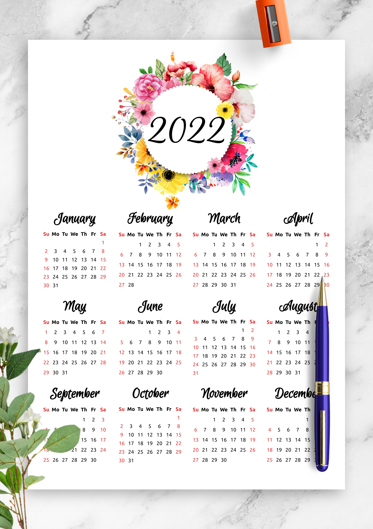 Download Printable Floral Yearly Calendar PDF
