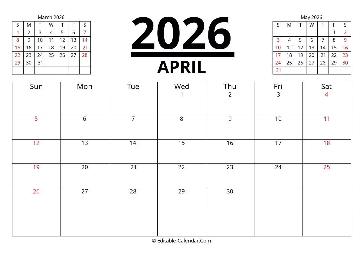 Free Printable April 2026 Calendar Pdf
