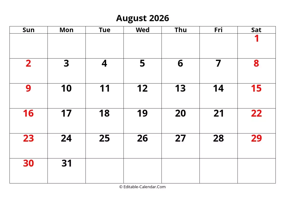 Editable Calendar August 2026 In Excel Word PDF