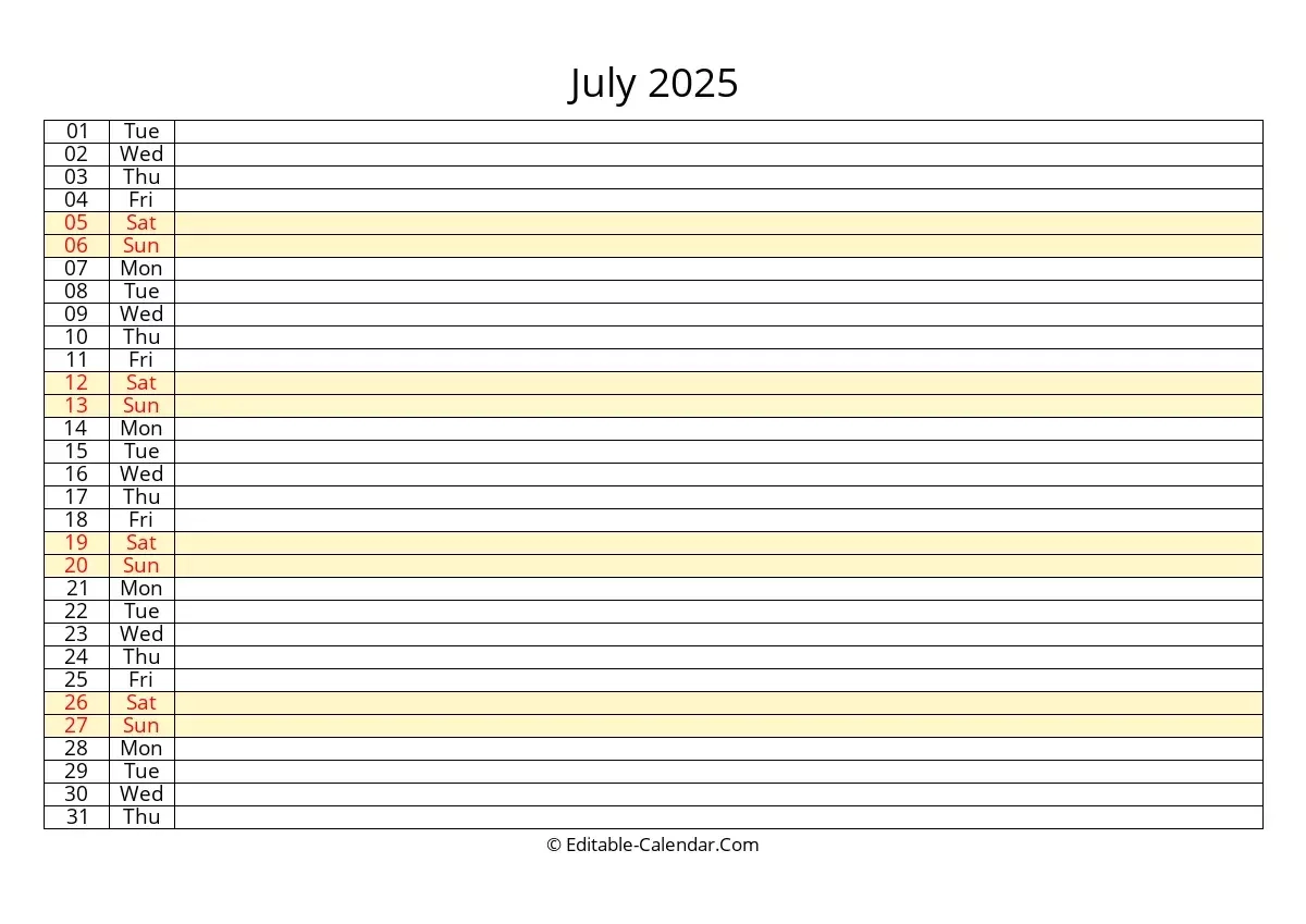 Printable Fillable July Calendar 2025