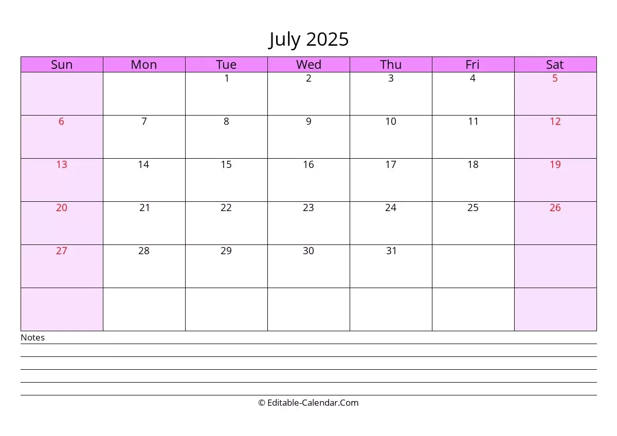 Editable Calendar July 2025 In Excel Word PDF