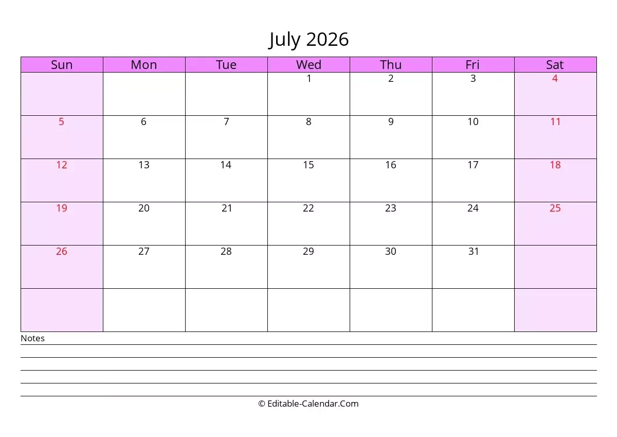 Printable Calendar July 2026-June 2027