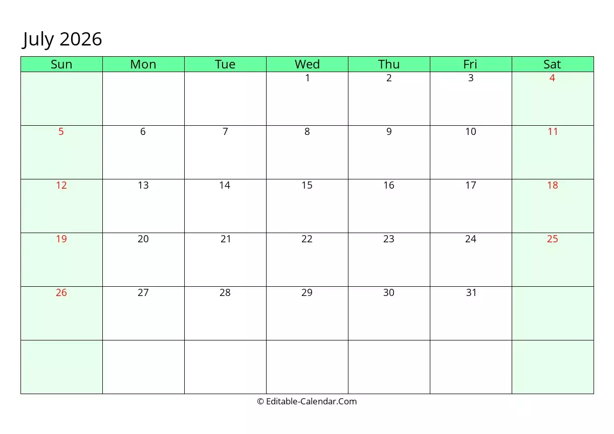editable calendar july 2026 in excel word pdf