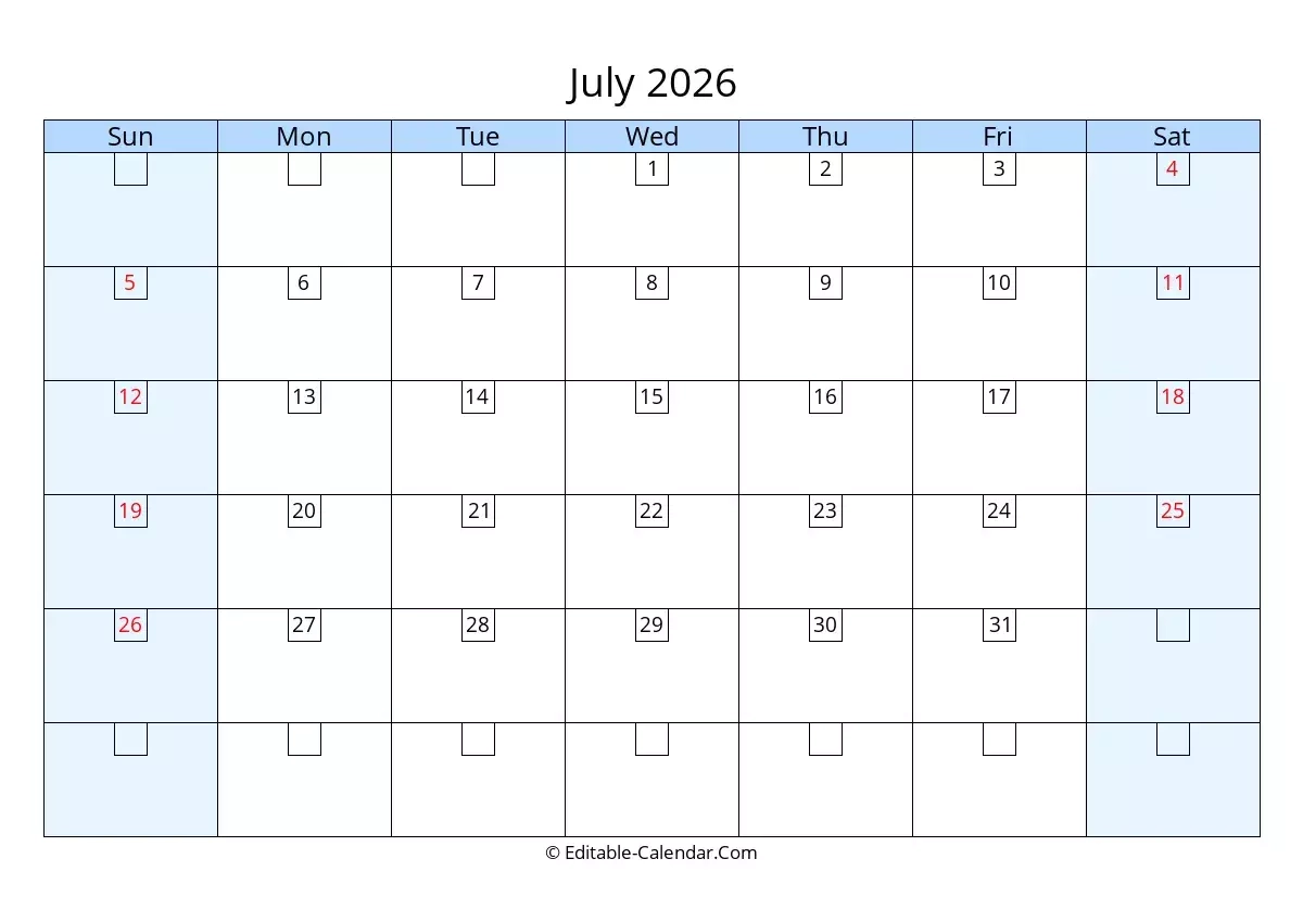 Editable Calendar July 2026 In Excel Word PDF