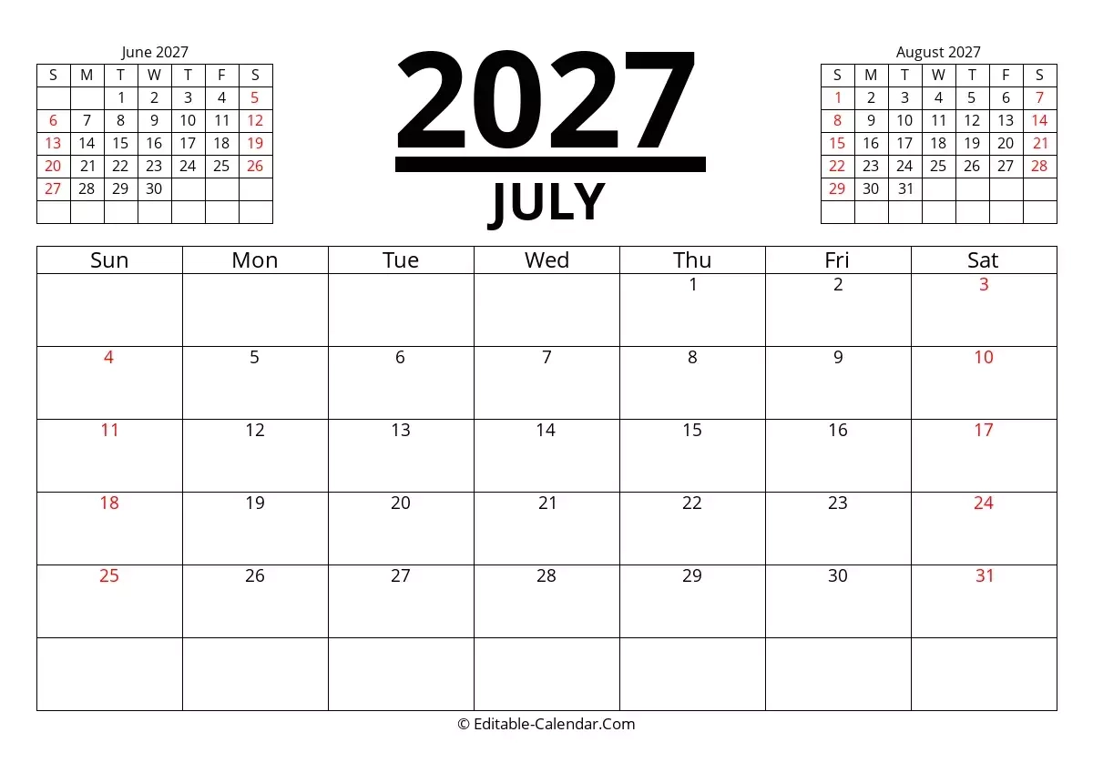 Editable Calendar July 2027 In Excel Word PDF