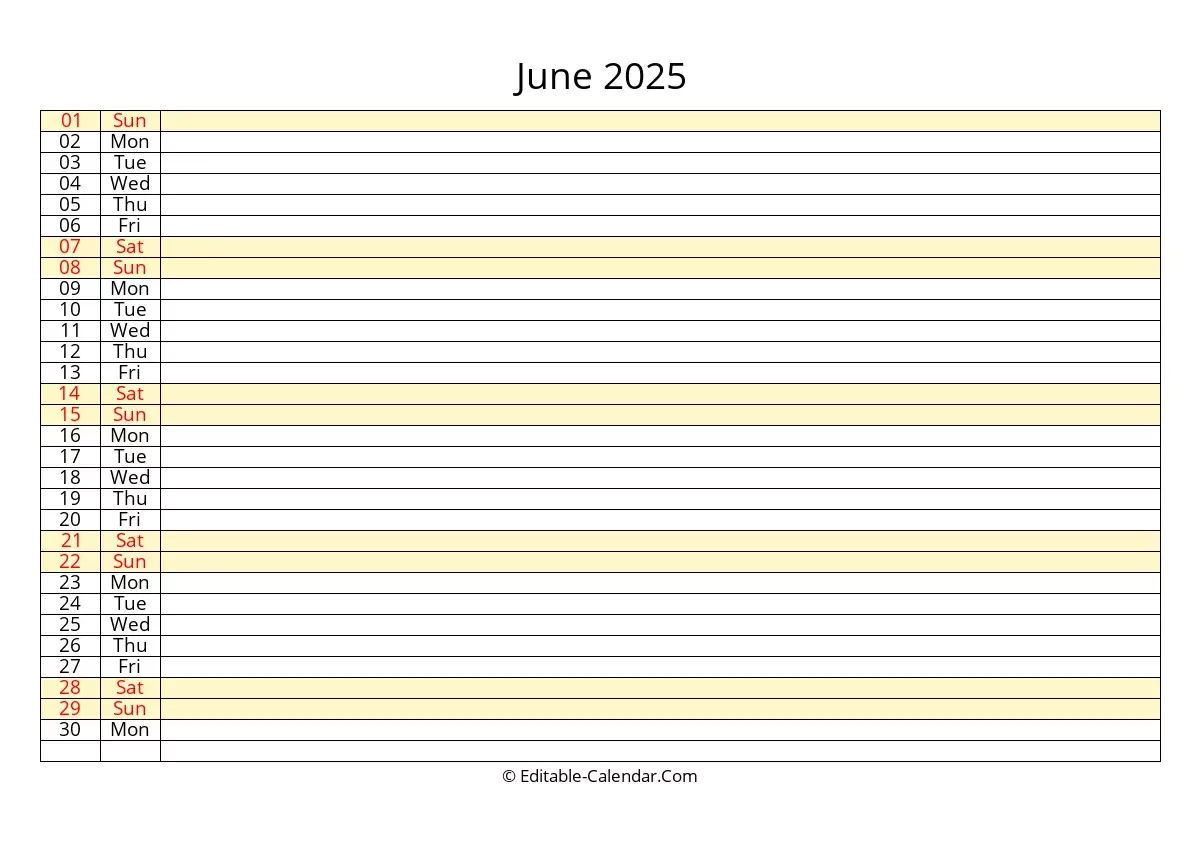 Editable Calendar June 2025 In Excel Word PDF