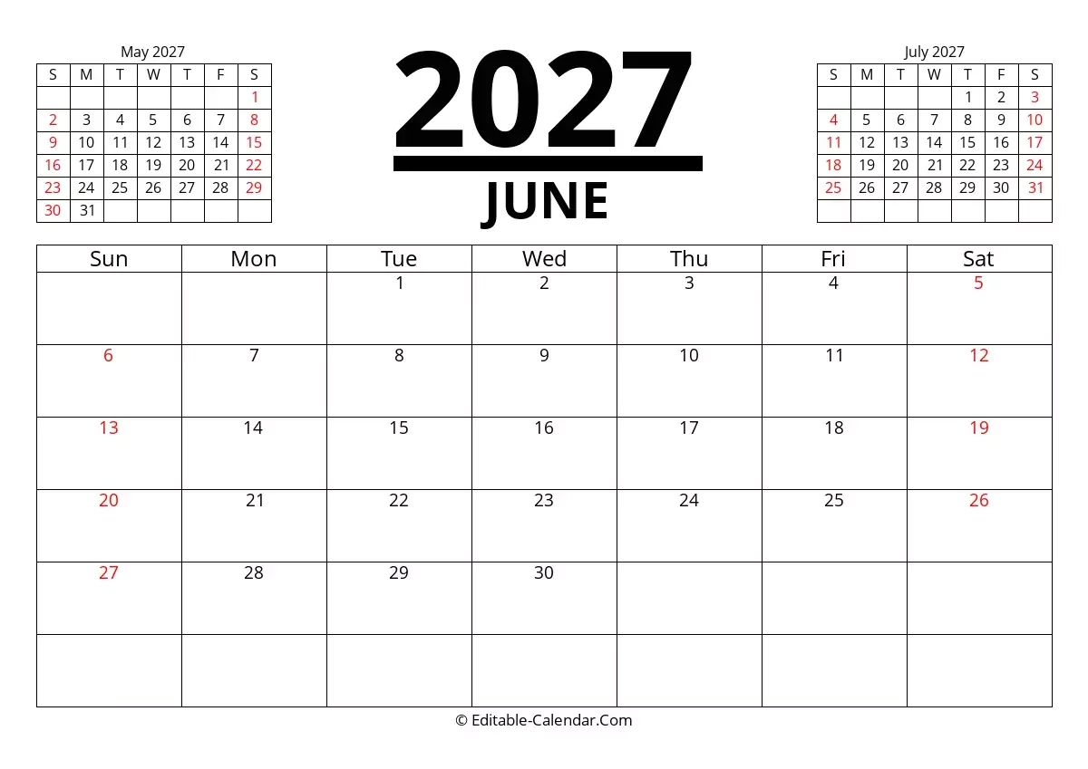 Editable Calendar June 2027 In Excel Word PDF