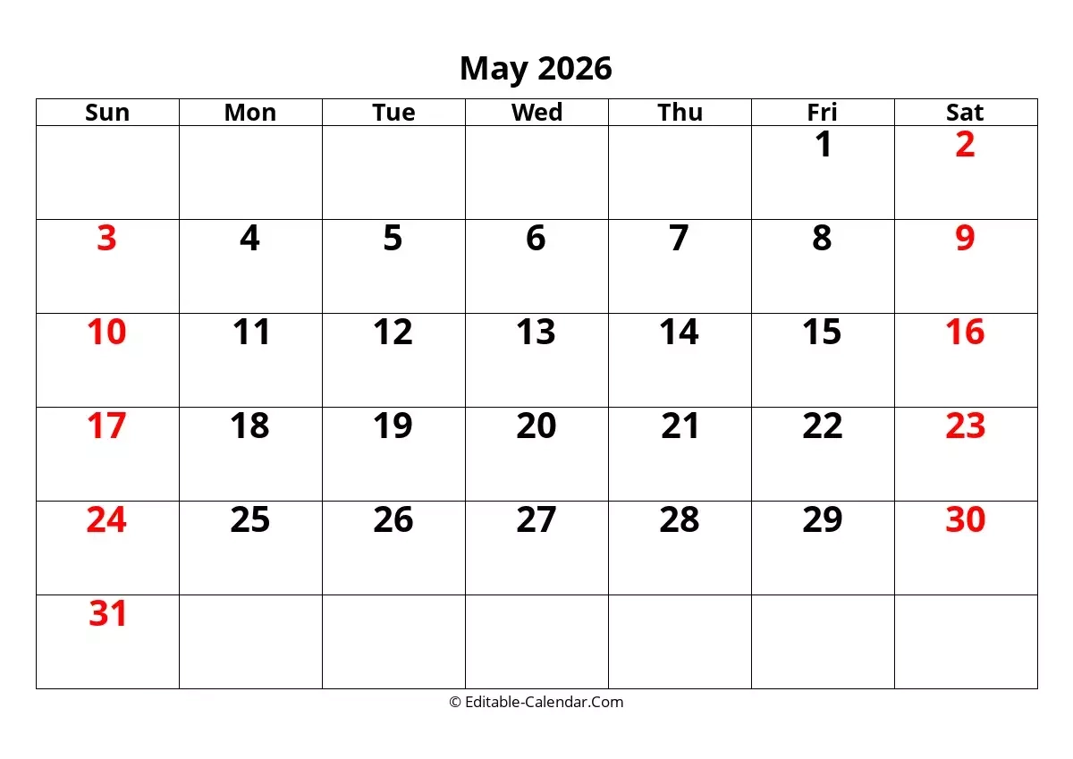 Editable Calendar May 2026 In Excel Word PDF