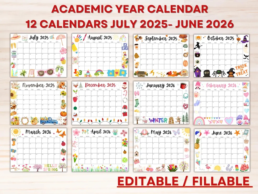 Editable School Calendar 2025 2026 From July To June Printable School Schedule Monthly Kids Homeschool Calendar Cutest Classroom Calendar Etsy