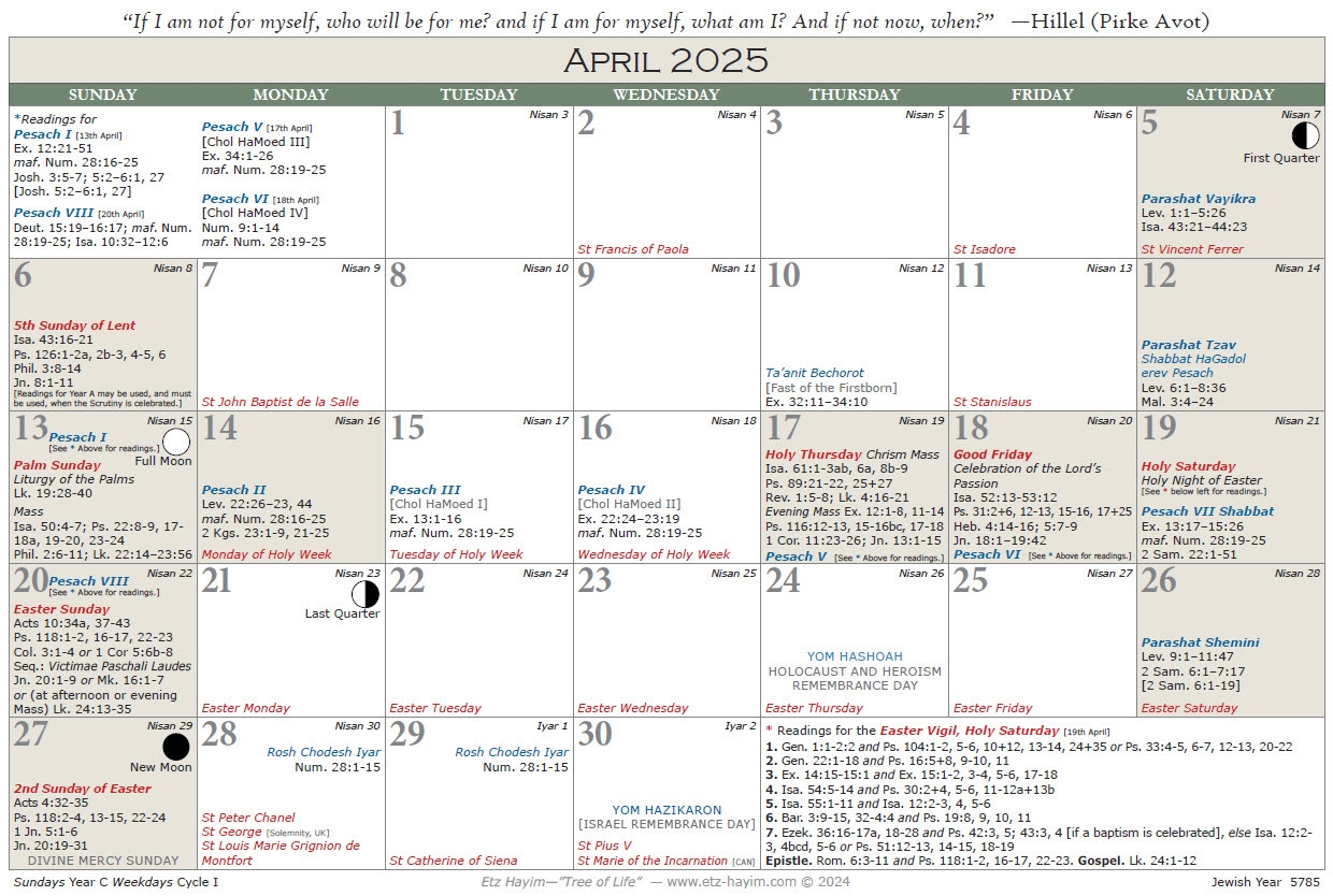 Etz Hayim Tree Of Life The Jewish And Christian Liturgical Calendar