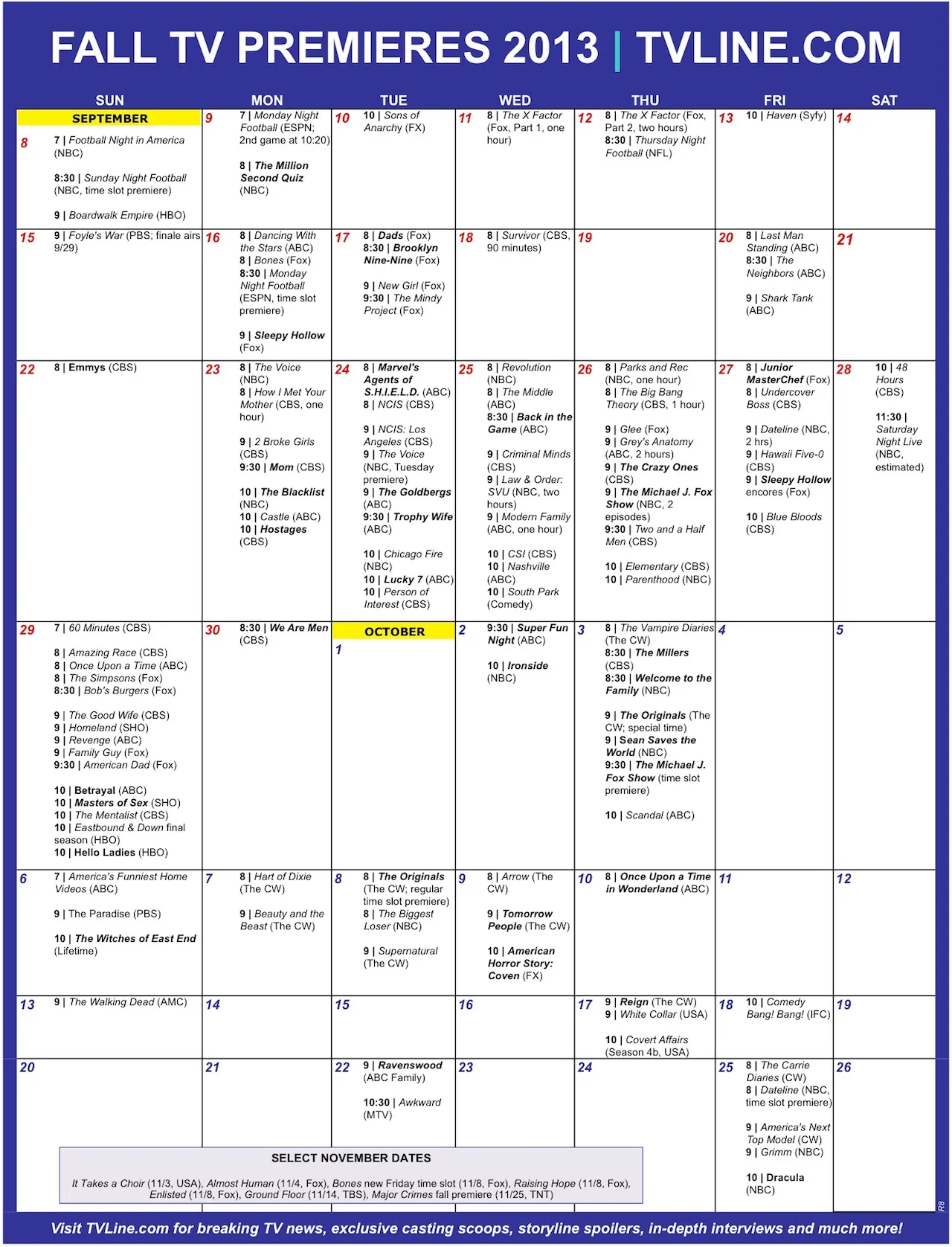 Fall TV Premiere Dates 2013 Calendar Of 100 Season Series Premieres