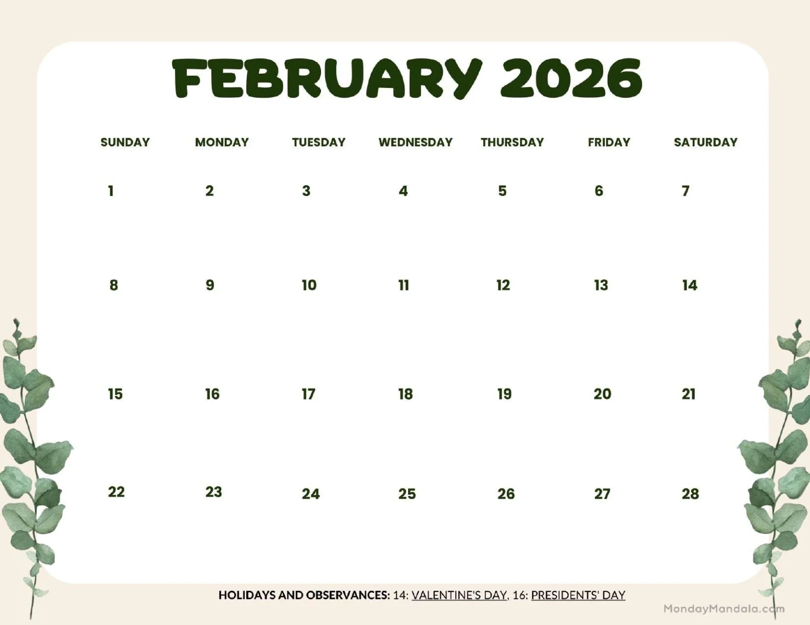 february 2026 calendars free pdf printables