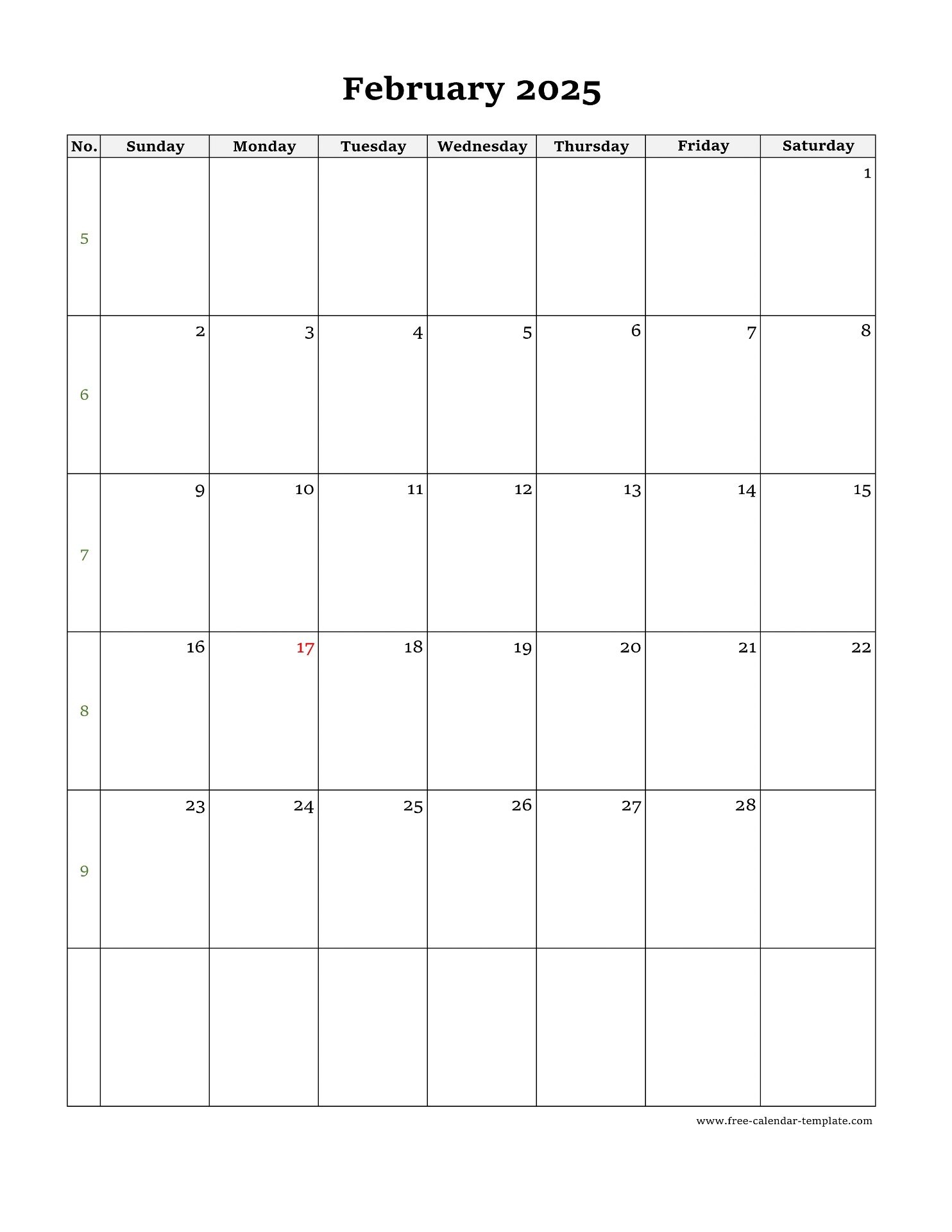 February Calendar 2025 Simple Design With Large Box On Each Day For Notes Free calendar template
