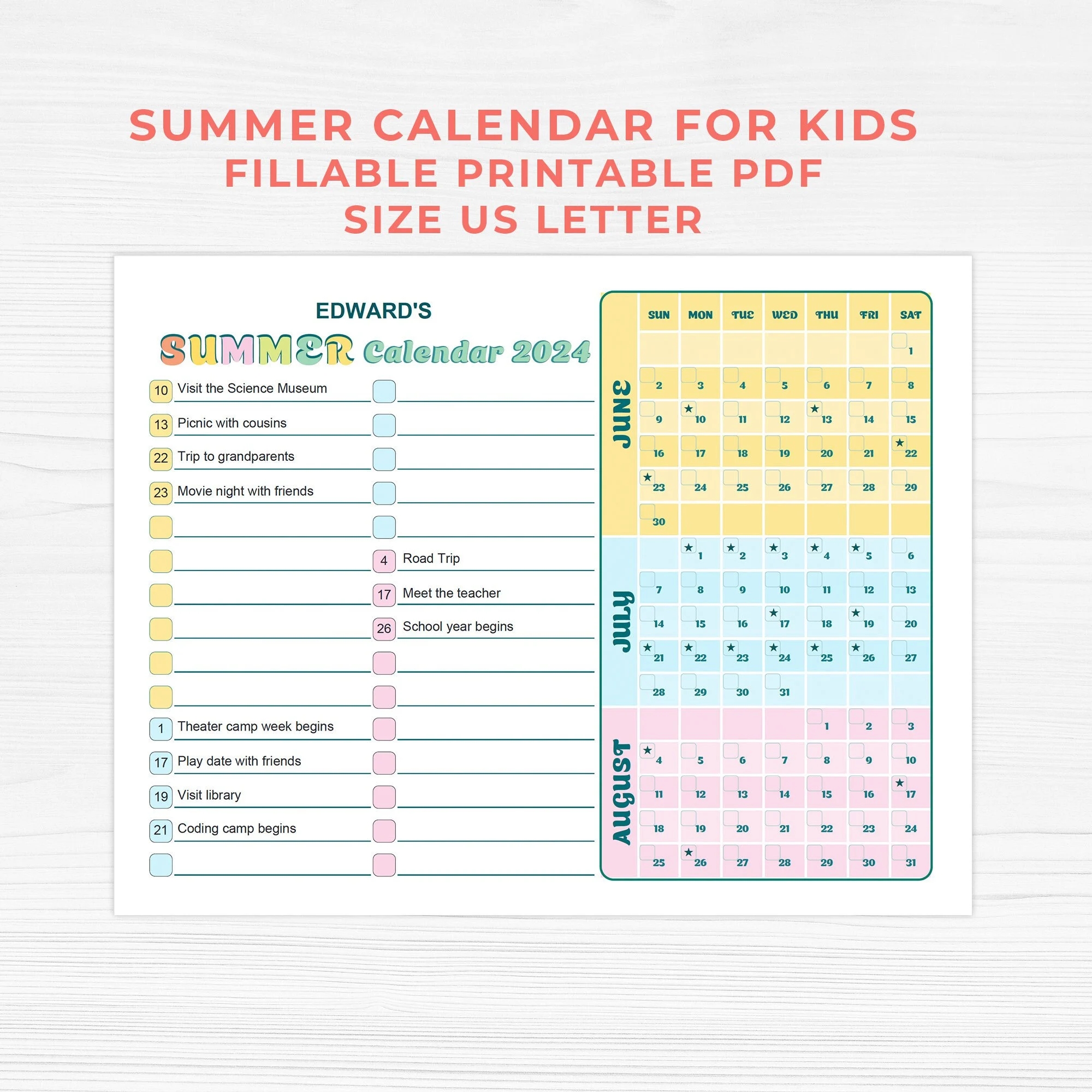 Fillable Summer Calendar For Kids Printable Summer Calendar 2025 Color Coded Mark The Calendar Organization For Kids Etsy