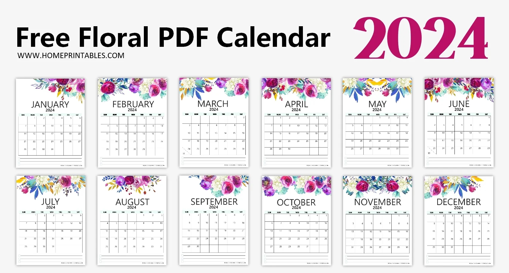 Floral 2024 Calendar Printable PDF Beautiful Templates 