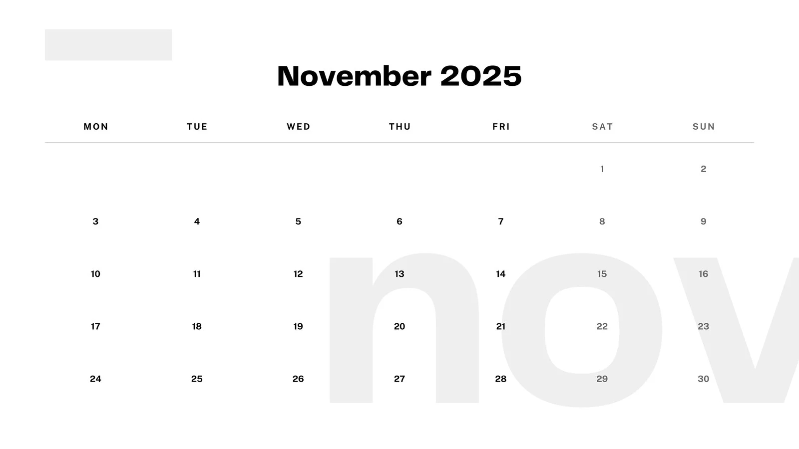 Blank Monthly Calendar November 2025 Printable