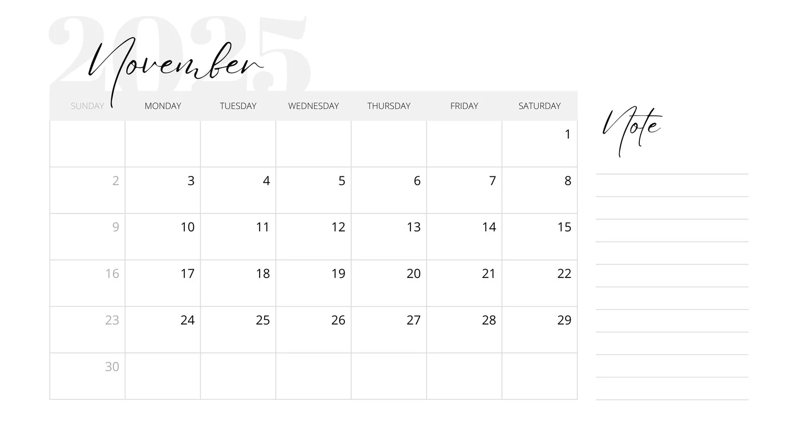 Free Printable November 2025 Calendar Template