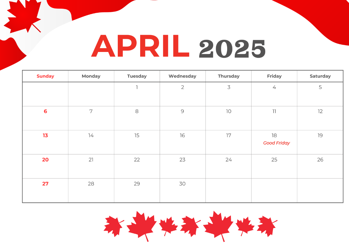 Free April 2025 Calendar With Canadian Holidays Template To Edit Online
