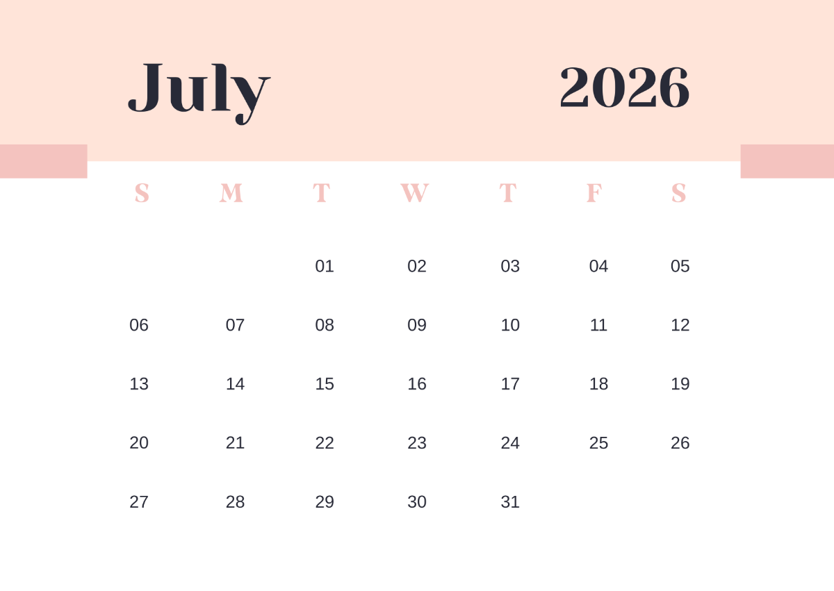Free Elegant July 2026 Calendar Template To Edit Online
