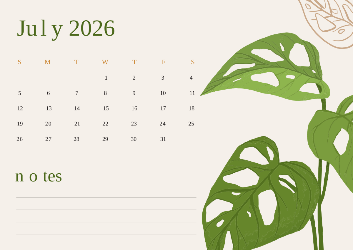 Free July 2026 Calendar With Notes Template To Edit Online