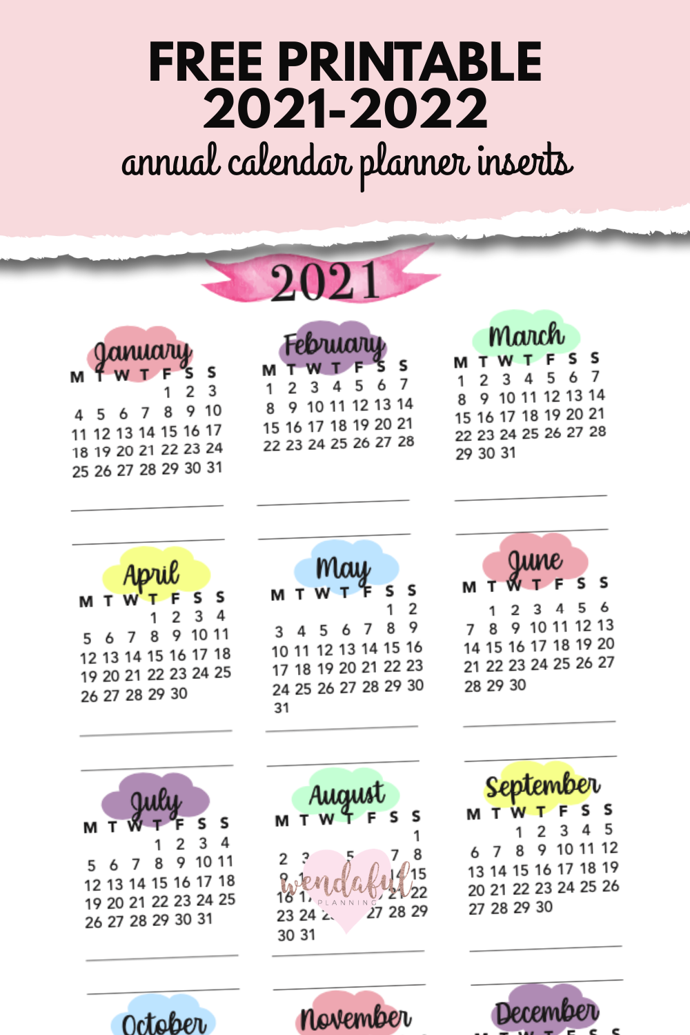 Free Printable 2021 2022 Colorful Pastel Clouds Annual Calendar Inserts Wendaful Planning Planners Productivity Organization