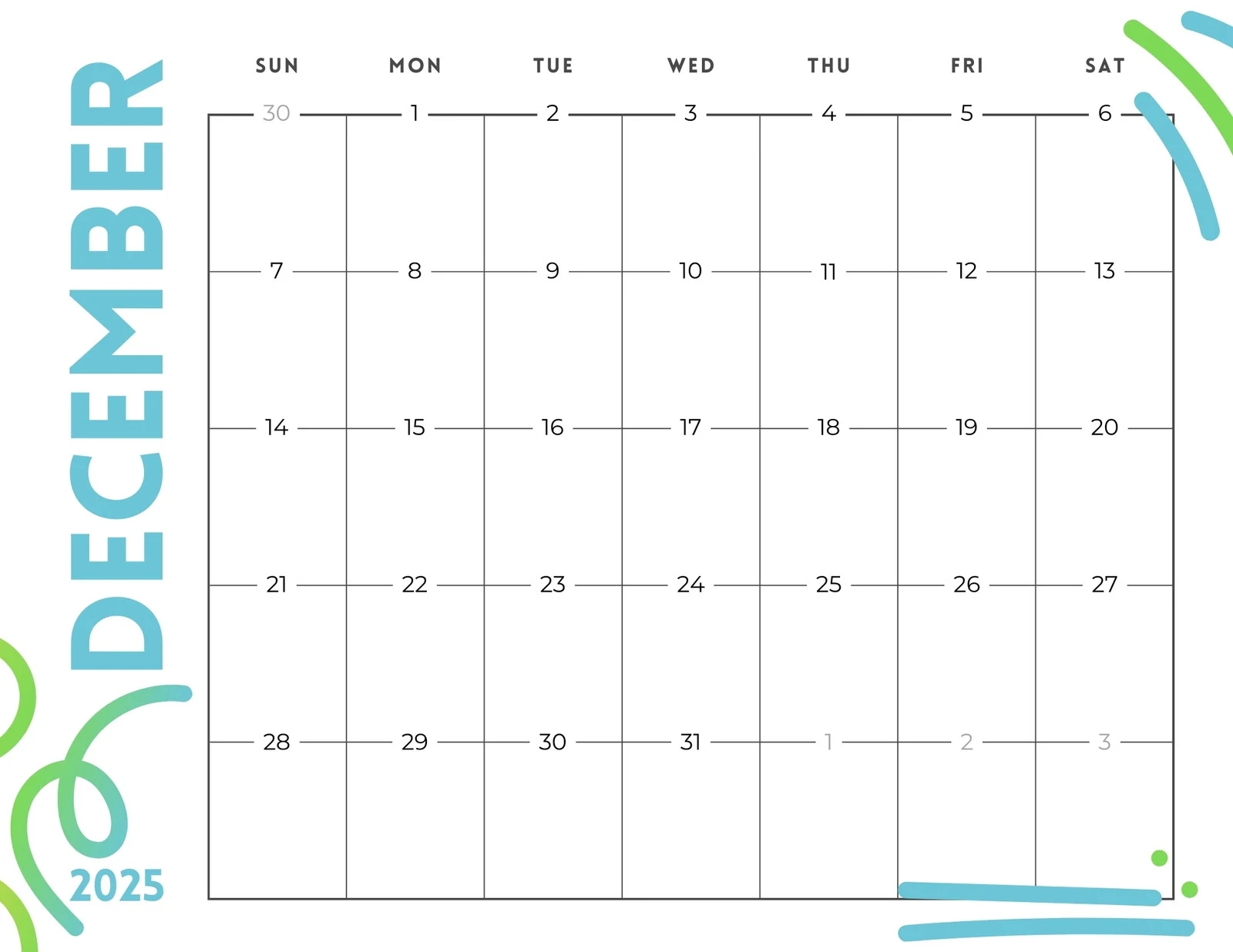 Printable Monthly Calendar December 2025 With Lines