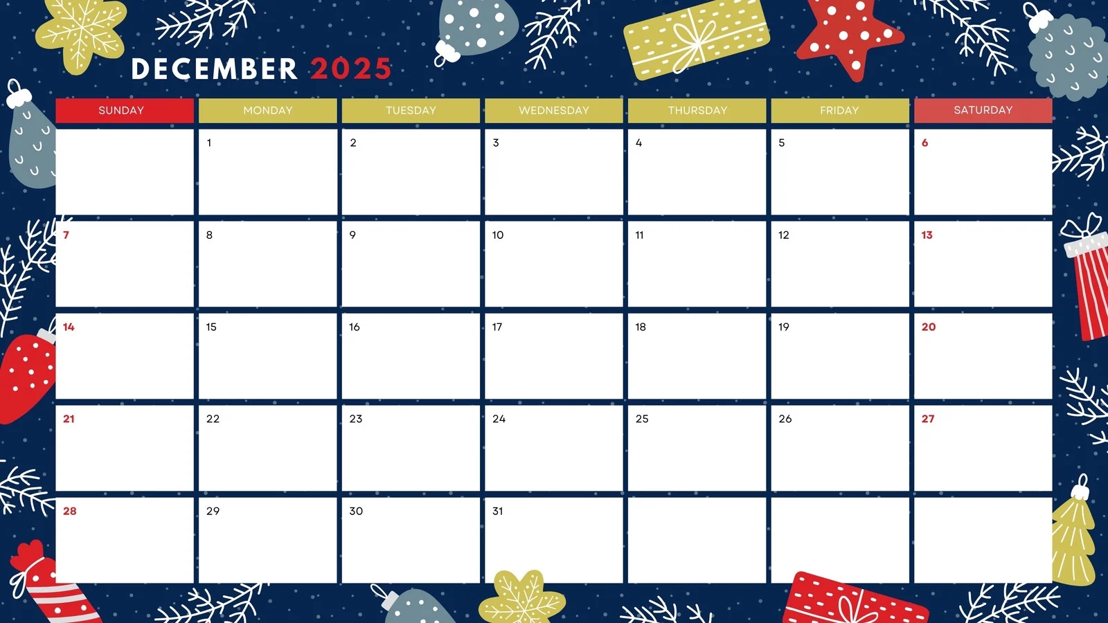 Blank Calendar December 2025 Free Printable
