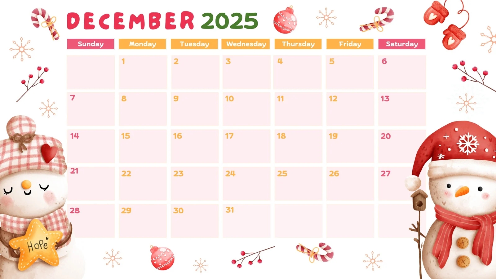 Printable Calendar December 2025 Free