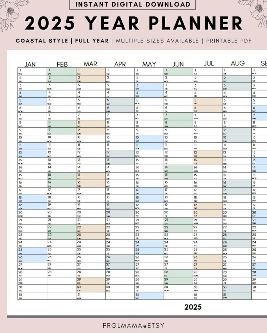 Full Year Calendar 2025 2025 Monthly Planner 2025 Rainbow Yearly Calendar Calendar Printable 2025 Wall Planner Wall Calendar 2025 Etsy