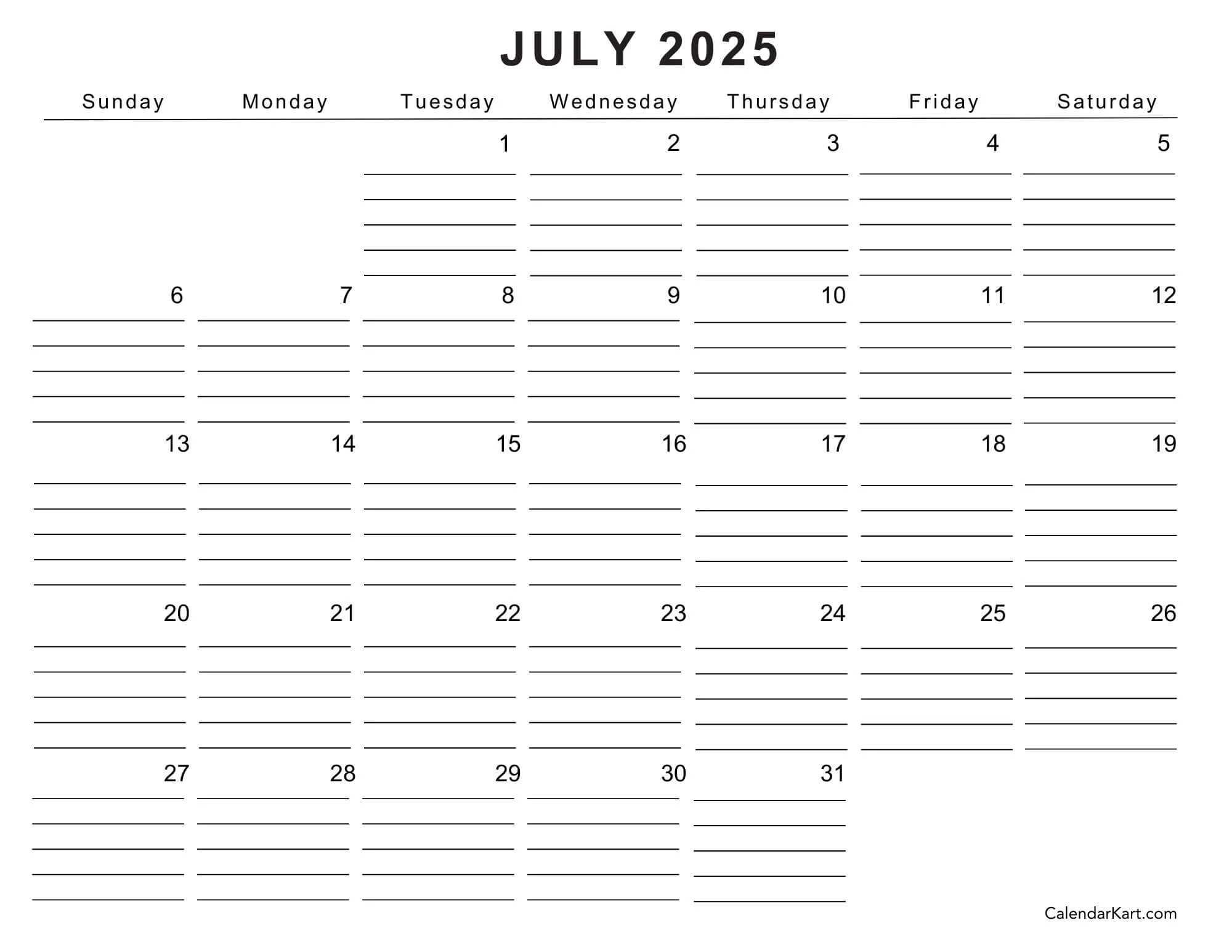 Blank July 2025 Calendar Printable Pdf