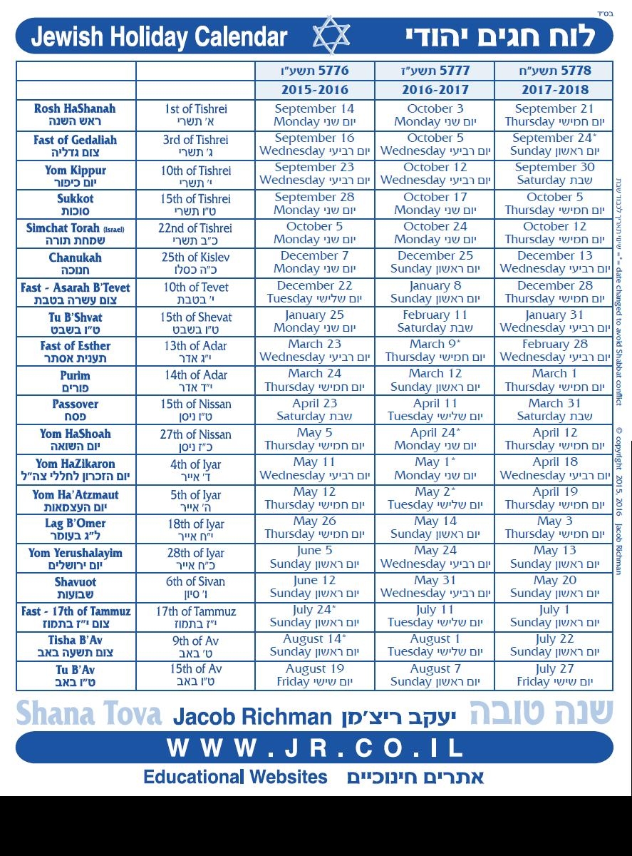 Good News From Israel 3 Year Jewish Holiday Calendar 5576 5778 2015 2018 