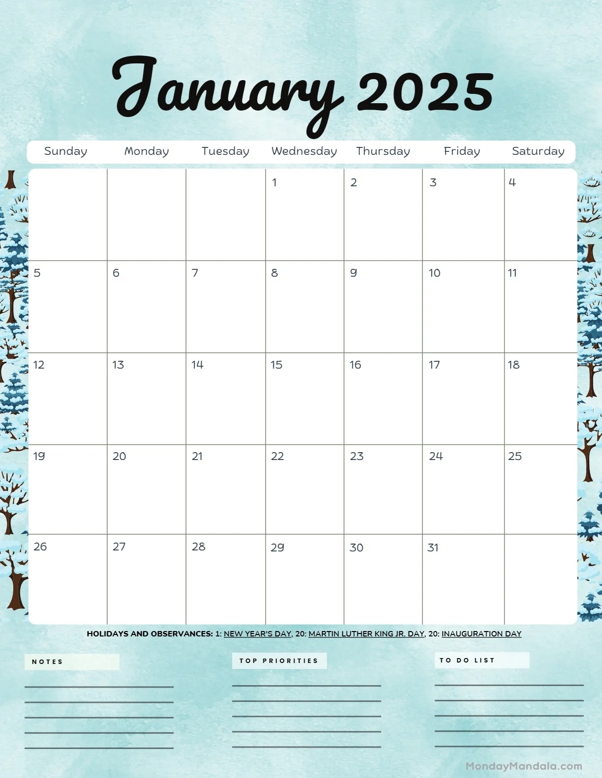Junior Size Printable Calendar