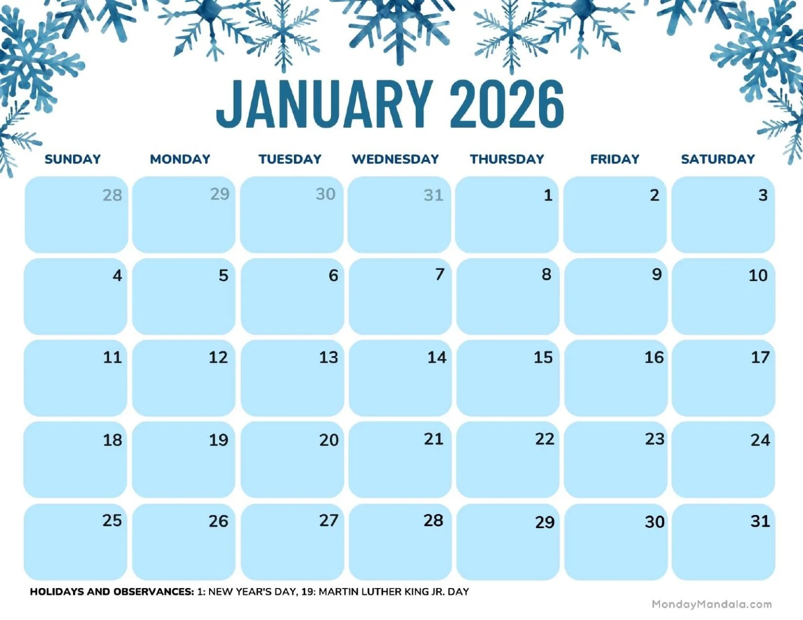 January 2026 Calendars Free PDF Printables 